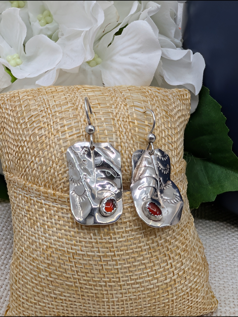Sterling Silver Red Stone Artisan Drop Earrings Florida Keys Vintage